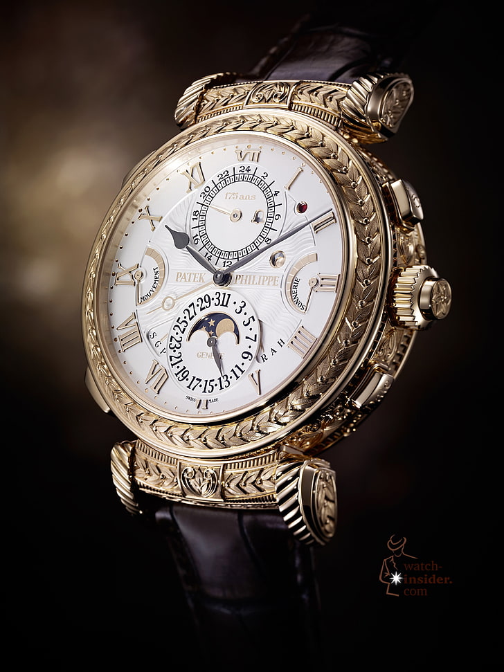 montre chronographe ronde dorée avec bracelet en cuir marron, montre, Patek Philippe, montres de luxe, Fond d'écran HD, fond d'écran de téléphone