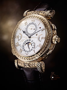 кръгъл часовник с хронограф в златен цвят с кафява кожена лента, часовник, Patek Philippe, луксозни часовници, HD тапет HD wallpaper