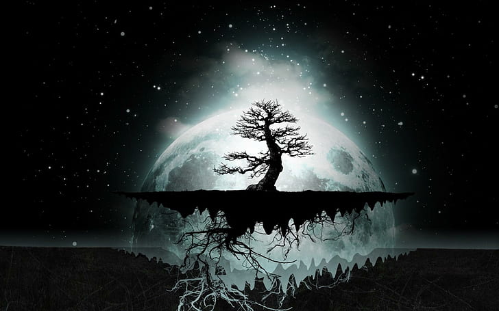 Psychedelic, tree, psychedelic, moon, 3d and abstract, HD wallpaper