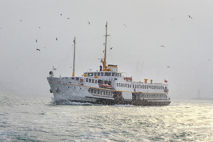 winter, nature, Istanbul, Turkey, ferry sailboat, ferry sailing ship, Bosporus Sea, HD wallpaper