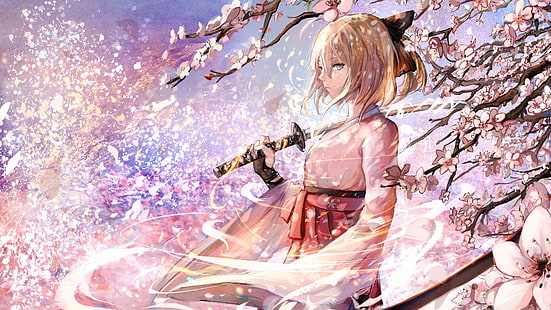 wallpaper karakter anime samurai perempuan, gadis anime, katana, Sakura Sabre, miko, Fate / Grand Order, Fate Series, cherry blossom, anime, Wallpaper HD HD wallpaper