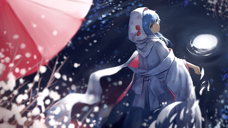 Hatsune Miku, Kimono, Schnee, Winter, Vocaloid, Blütenblätter, Anime, HD-Hintergrundbild