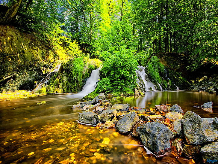 Forest Waterfall Stones, incantevole, pietre, caduta, soleggiato, caduta, bello, raggi, erba, verde, bella, rocce, cascata, wate, Sfondo HD