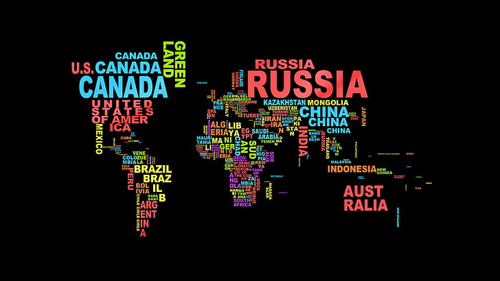 ilustrasi peta dunia, peta dunia, tipografi, latar belakang hitam, Wallpaper HD