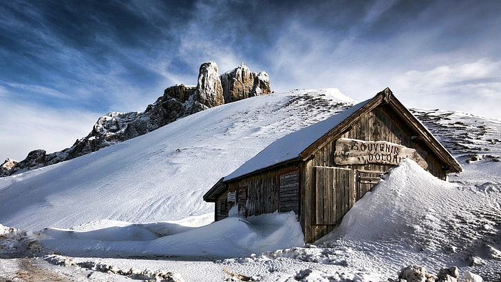 wooden house on snowy hill, nature, landscape, winter, snow, wood, house, mountains, hills, clouds, Dolomites (mountains), snowy peak, rock, HD wallpaper