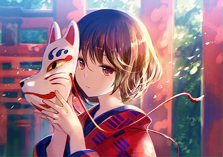 여자의 빨간 기모노, 소녀, 마스크, 기모노, 애니메이션, 예술, HD 배경 화면 HD wallpaper