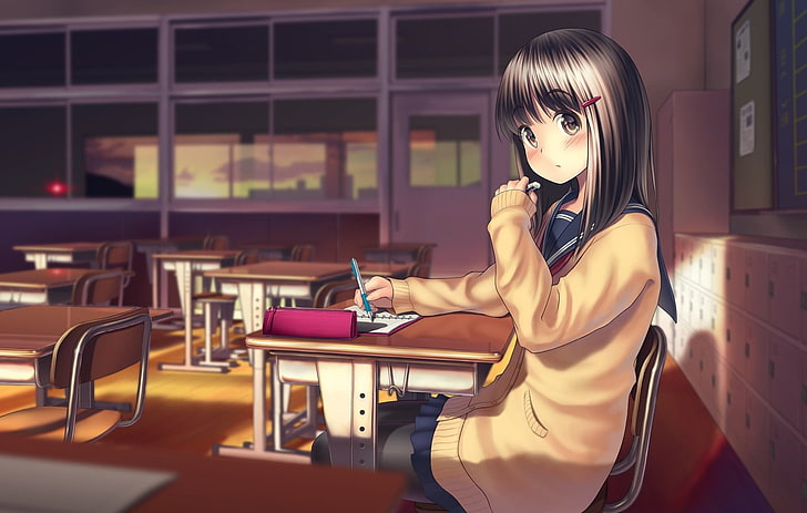 anime, anime girls, pantyhose, sweater, original characters, classroom, HD wallpaper
