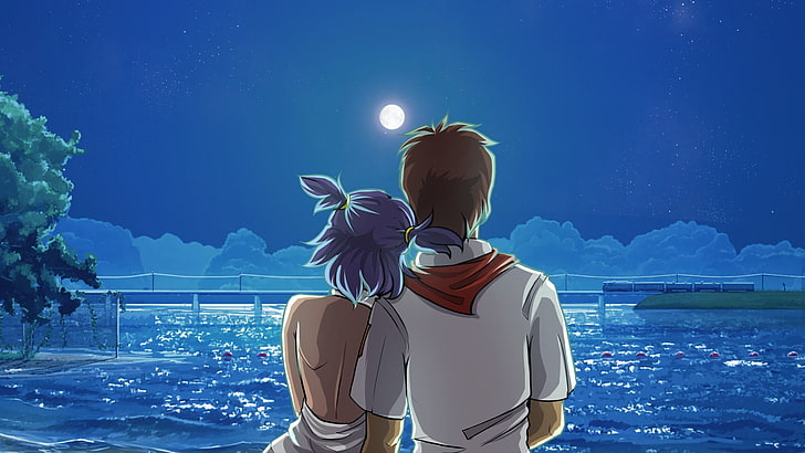 couple facing full moon painting, Romance, Lena, Endless Summer, Everlasting summer, Simon, HD wallpaper
