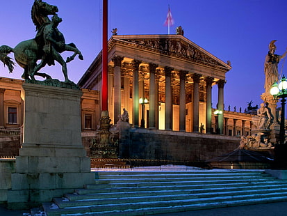 Вена, Австрия, статуя, уличный фонарь, архитектура, HD обои HD wallpaper