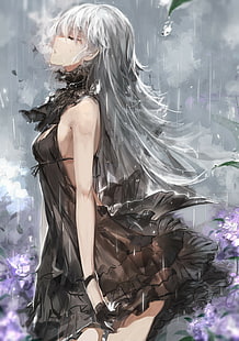 anime, white hair, flowers, rain, black dress, long hair, anime girls, original characters, HD wallpaper HD wallpaper