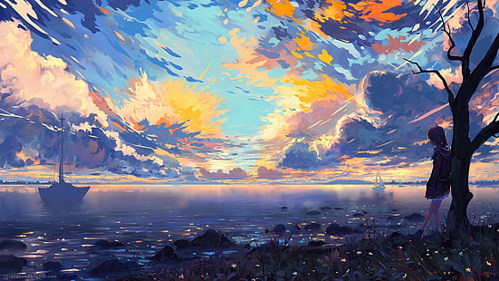 аниме пейзаж, море, корабли, разноцветные, облака, живописные, дерево, горизонт, аниме, HD обои HD wallpaper