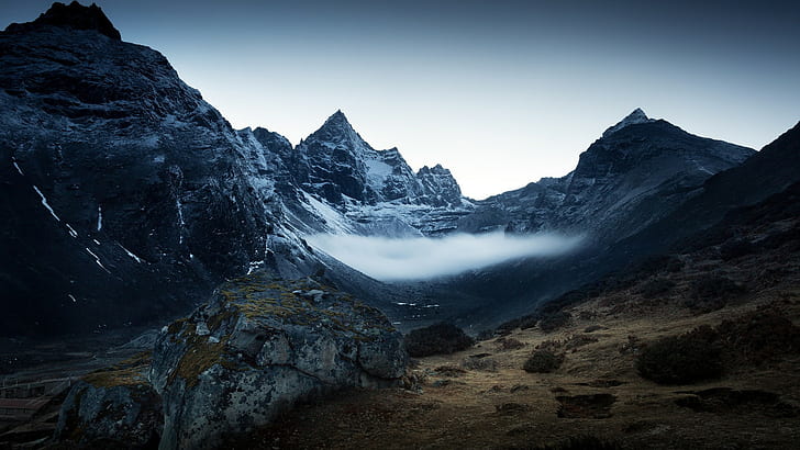 montagnes grises et brunes, montagnes, brouillard, Fond d'écran HD