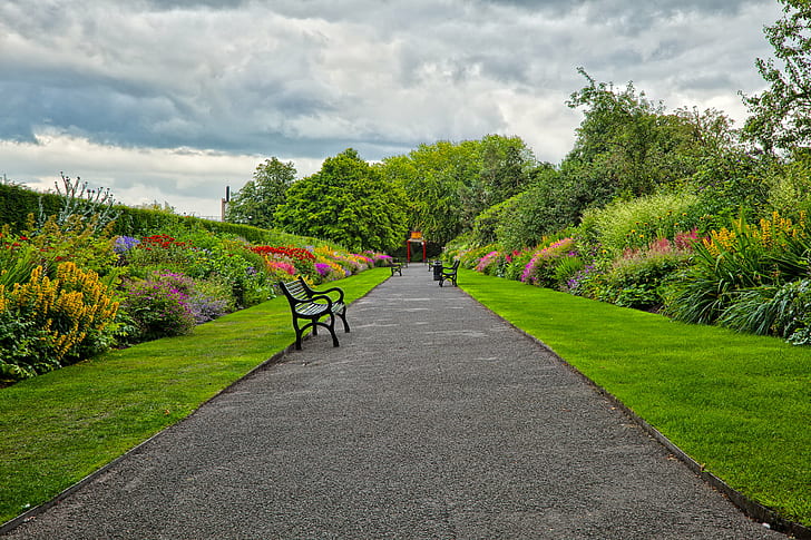 landscape photography of bench in pathway, Belfast Botanic Gardens, HDR, landscape photography, bench, pathway, botanical  gardens, nature, north  northern, northern  ireland, irish, uk, united  kingdom, cloud, clouds, overcast, high  dynamic  range, composite, scene, scenic, scenery, beauty, beautiful, botanic  garden, wide  angle, wide-angle, flora, flower, grass, tree, foliage, organic, path, passage, trail, europe, outside, outdoor, outdoors, gray  blue, red  orange, vivid, color, colors, colour, colours, colorful, stock, resource, image, picture, park - Man Made Space, footpath, HD wallpaper
