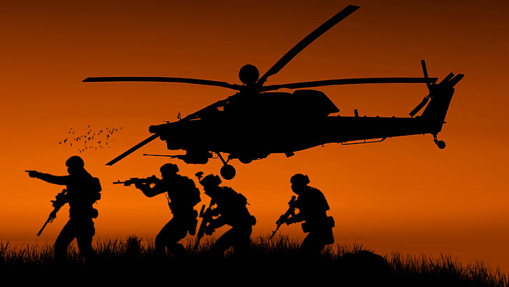 مروحية عسكرية ، جنود ، غروب الشمس ، صورة ظلية ، Arma 3 ، 4K، خلفية HD
