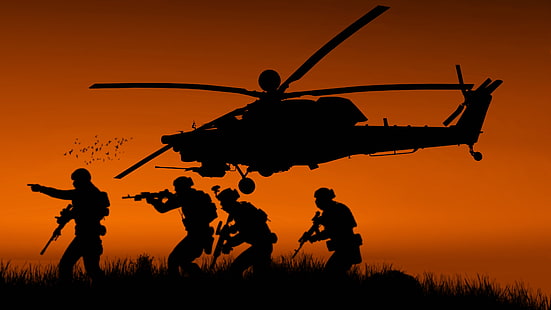 Military helicopter, Soldiers, Sunset, Silhouette, Arma 3, 4K, HD wallpaper HD wallpaper