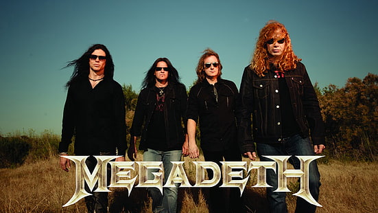 Megadeth band con sovrapposizione di testo, Megadeth, thrash metal, musica metal, uomini, capelli lunghi, occhiali da sole, musica, band, band metal, Sfondo HD HD wallpaper