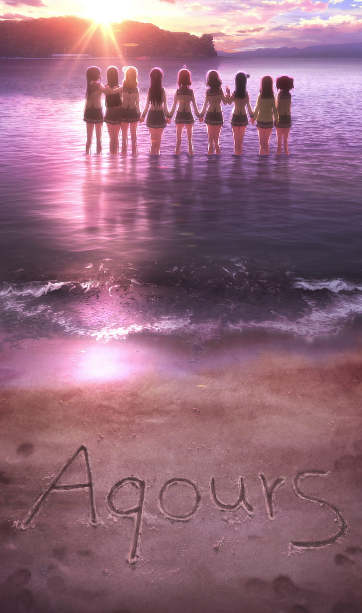 Love Live! Sunshine, beach, anime girls, anime, sunlight, holding hands, HD wallpaper