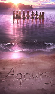 ¡Ama vive!Sol, playa, chicas anime, anime, luz solar, tomados de la mano, Fondo de pantalla HD HD wallpaper