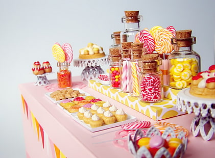 Miniature Candy Dessert Table, variété de desserts, mignon, coloré, heureux, table, bonbons, macro, doux, enfantin, bonheur, délicieux, bonbons, confiserie, Fond d'écran HD HD wallpaper