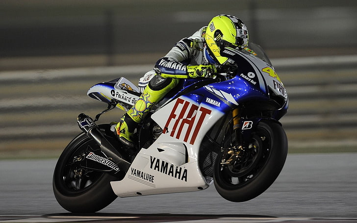 vélo de sport Yamaha bleu et blanc, Moto, course, Valentino Rossi, Fond d'écran HD