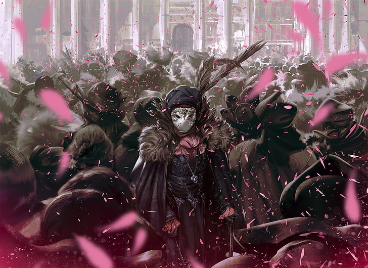 männliche Anime-Figur, Attentäter, Maske, Blütenblätter, Maskerade, Menschen, Rosa, Schwarz, Silber, Weiß, Samt, HD-Hintergrundbild