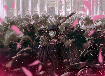 personaggio maschile anime, assassini, maschera, petali, mascherata, persone, rosa, nero, argento, bianco, velluto, Sfondo HD HD wallpaper