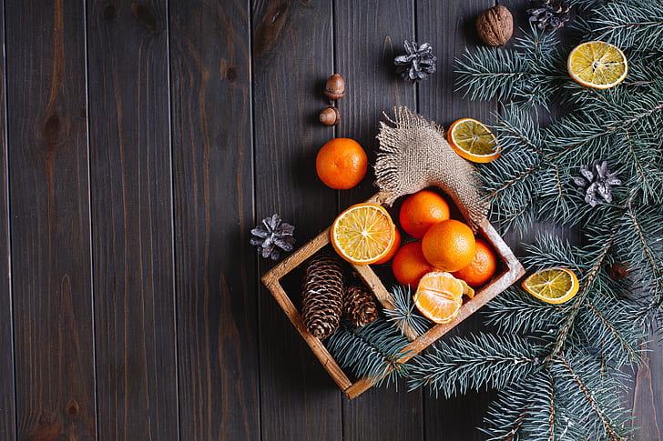 decoration, oranges, New Year, Christmas, wood, fruit, orange, tangerines, tangerine, Merry, fir tree, fir-tree branches, mandarines, HD wallpaper