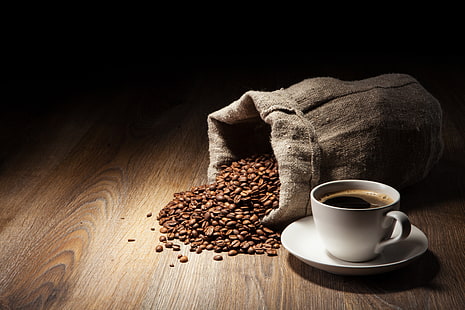 커피 콩, 테이블, 나무, 커피, 곡물, 컵, 가방의 무리, HD 배경 화면 HD wallpaper