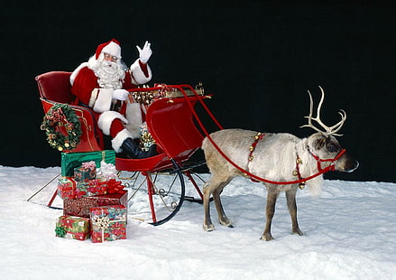 Papai Noel, rena, trenó, saco, presentes, neve, Papai Noel, rena, trenó, presentes, neve, HD papel de parede HD wallpaper