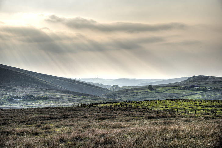 photo of sunrays on village, Coming down, Ramshaw, photo, sunrays, village, Low, Mountain, valley, Staffordshire  Moorlands, landscape, outdoor, Peak District  National Park, nature, sunset, hill, outdoors, scenics, meadow, HD wallpaper