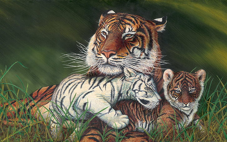 Tiger And Cubs Art Painting Desktop Wallpaper Download Free 1920×1200, HD wallpaper
