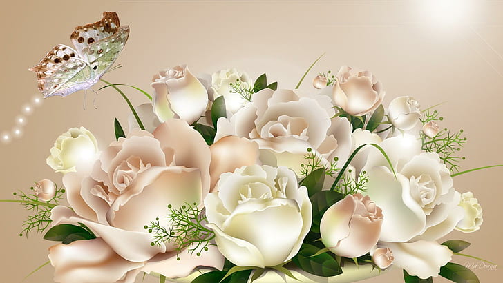 Szampańskie róże Butterfly, persona firefox, róże, eleganckie, motyl, kwiaty, błyszczy, szampan, połysk, blask, 3d i abstr, Tapety HD
