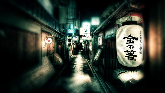 lanterna di carta bianca, giappone, kanji, via, città, segno, Sfondo HD HD wallpaper