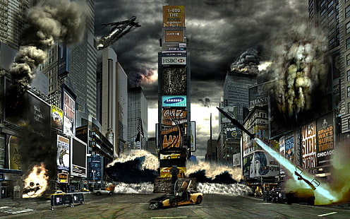Time Square, Nowy Jork, ogień, płomień, horror, USA, nie, żołnierze, niebo, dym, wojna, noc, sztuka, Nowy Jork, ulica, ludzie, Tapeta, domy, kraj, samolot, Times Square, flaga, śmierć, strzelba, asfalt, katastrofa, start, światy, rakieta, Ameryka, apokalipsa, strzelanina, nauka, naprawdę, fikcja, maszyny, reklama, instalacja, katastrofa, baner, wypadek, Tapety HD HD wallpaper