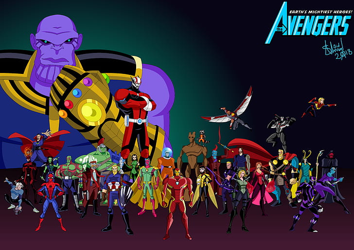 TV Show, The Avengers: Earth's Mightiest Heroes, Ant-Man, Black Panther (Marvel Comics), Black Widow, Captain America, Captain Marvel, Daredevil, Doctor Strange, Drax The Destroyer, Falcon (Marvel Comics), Gamora, Groot, Hawkeye , Hulk, Loki, Mantis (Marvel Comics), Nebula (Marvel Comics), Quicksilver (Marvel Comics), Red Skull (Marvel Comics), Rocket Raccoon, Scarlet Witch, Spider-Man, Stan Lee, Star Lord, Thanos, Thor, Wizja (Marvel Comics), War Machine, Wasp (Marvel Comics), Winter Soldier, Yondu Udonta, Tapety HD