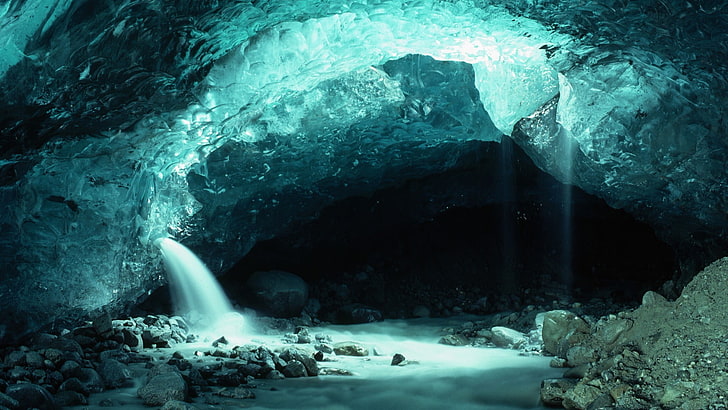 cave digital wallpaper, iceberg, cave, nature, landscape, waterfall, water, rock, long exposure, stones, Alaska, USA, cyan, ice, HD wallpaper