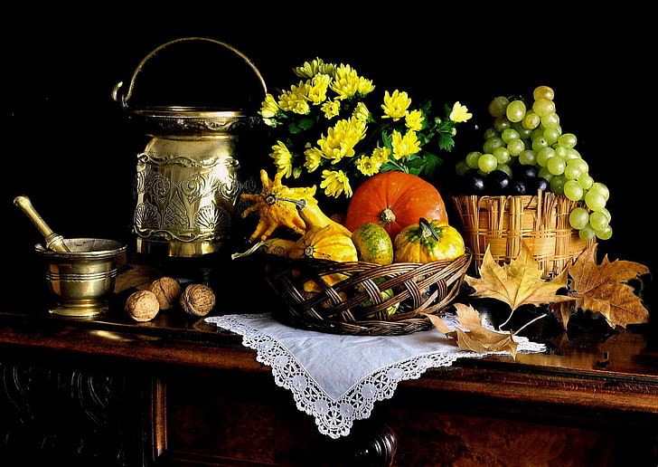 leaves, grapes, pumpkin, fruit, nuts, still life, basket, cans, HD wallpaper
