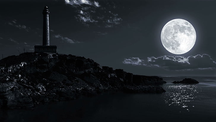 monochrome, seascape, landscape, shore, super moon, night, darkness, lighthouse, phenomenon, water, black and white, full moon, photography, sky, supermoon, moonlight, monochrome photography, moon, reflection, HD wallpaper