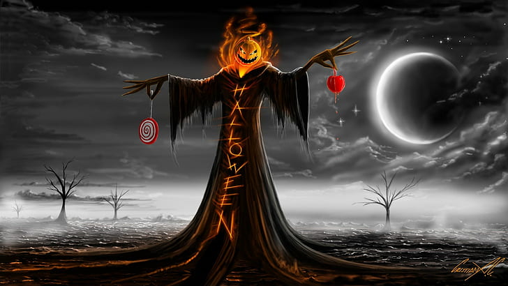 Halloween, pumpkin, scarecrows, Samhain, Moon, clouds, HD wallpaper