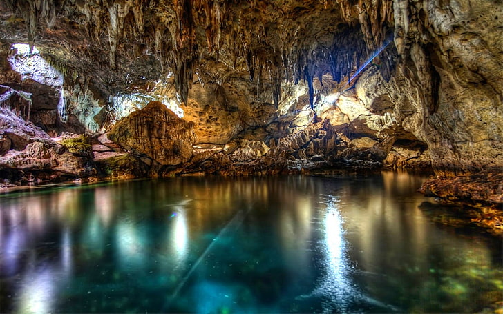 brązowa jaskinia, fotografia, przyroda, krajobraz, jaskinia, erozja, stalaktyty, woda, kolorowy, Filipiny, Tapety HD
