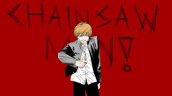 Chainsaw Man, Denji (Chainsaw Man), latar belakang merah, anime, anime boys, Wallpaper HD HD wallpaper