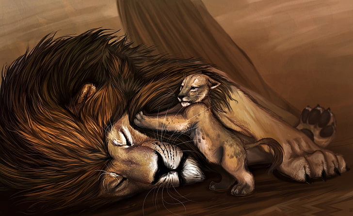 Wake Up Daddy, коричневый лев и детеныш цифровые обои, художественные, фэнтези, Wake, папа, HD обои