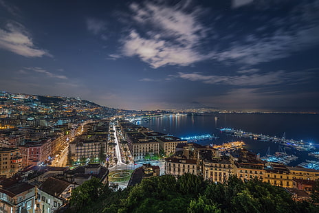 noc, miasto, łodzie, Neapol, Tapety HD HD wallpaper