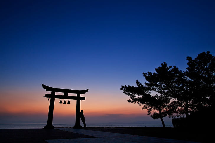 landskap, torii, klar himmel, män, natur, Japan, hav, silhuett, träd, Asien, solnedgång, HD tapet
