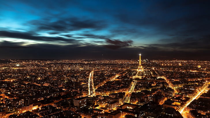 город, ночь, Париж, Франция, дальний обзор, огни города, HD обои