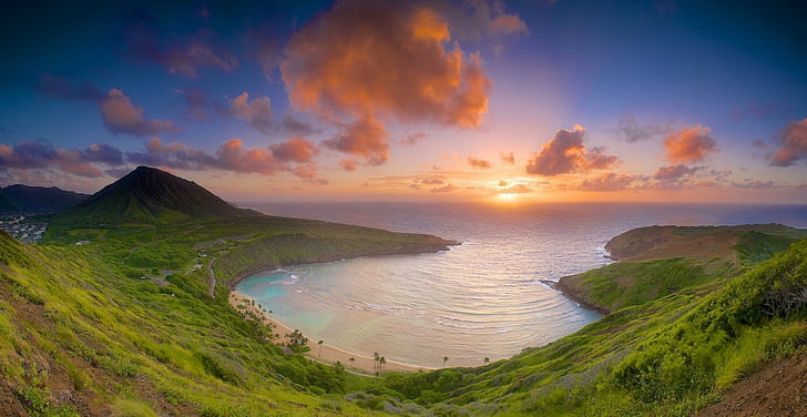 地球、海岸、湾、ビーチ、ハナウマ、ハナウマ湾、ハワイ、岩、海、太陽、日没、 HDデスクトップの壁紙