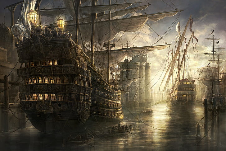 парусный корабль, пираты, фэнтези арт, произведения искусства, HD обои