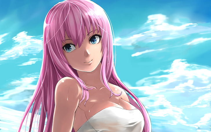 Anime Mädchen lächelnd, rosa Haare, blauer Himmel und weiße Wolken, Anime, Mädchen, lächelnd, rosa, Haare, blau, Himmel, weiß, Wolken, HD-Hintergrundbild