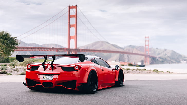 golden gate bridge, rotes auto, sportwagen, luxusfahrzeug, ferrari, supercar, ferrari 458, HD-Hintergrundbild
