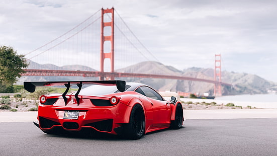 golden gate bridge, red car, sports car, luxury vehicle, ferrari, supercar, ferrari 458, HD wallpaper HD wallpaper